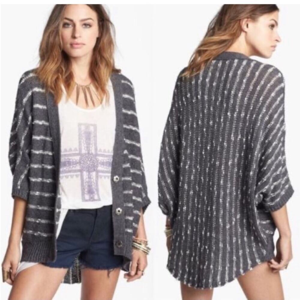 Free People gray white striped knit dolman sleeve snap front cardigan size Small